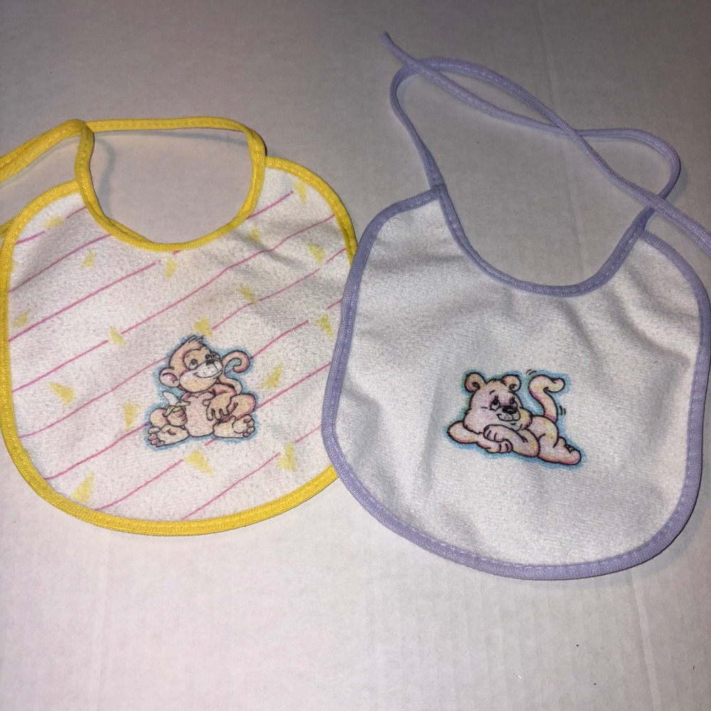 Baby Bibs Set Monkey Lion Terry Cloth Feeding Burp Cloths VTG